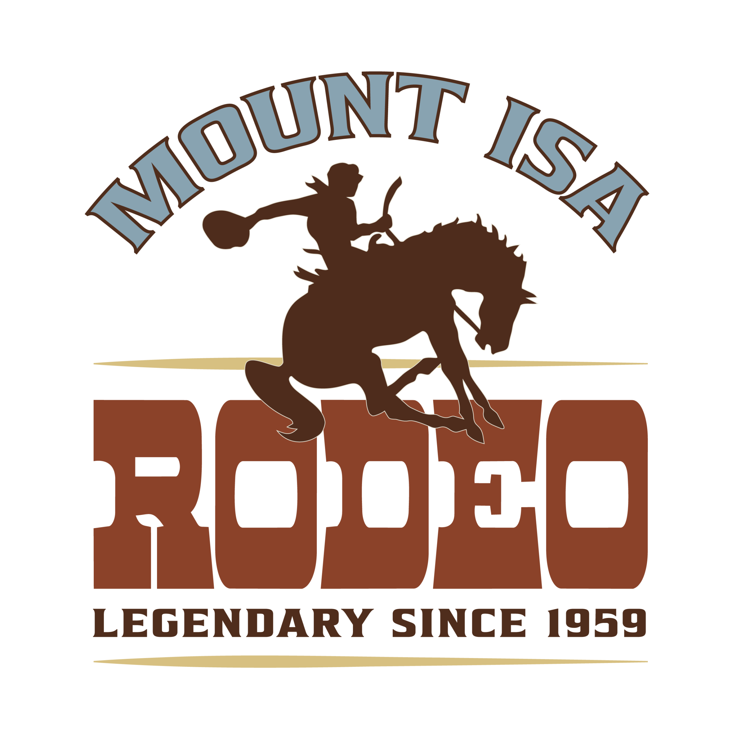 Mount Isa Rodeo logo with a silhouette of a rodeo rider on a bucking horse, and the text “Mount Isa Rodeo Legendary Since 1959.”.