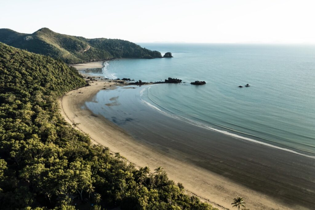 Aerial view of a secluded beach with a curved shoreline, dense green forest, and calm blue ocean on a clear day.