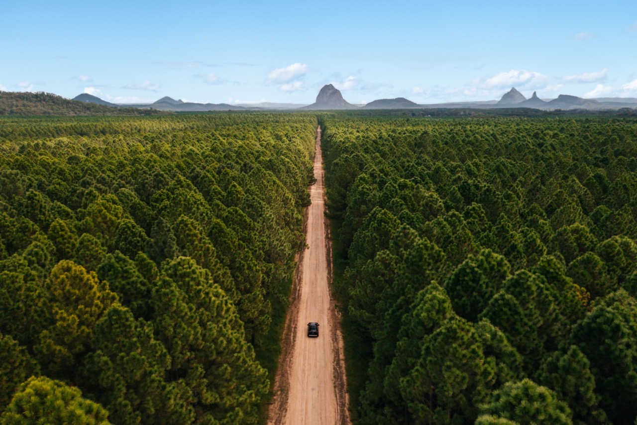 Aerial view of a lone car driving down a long dirt road through a dense forest with mountains in the background.