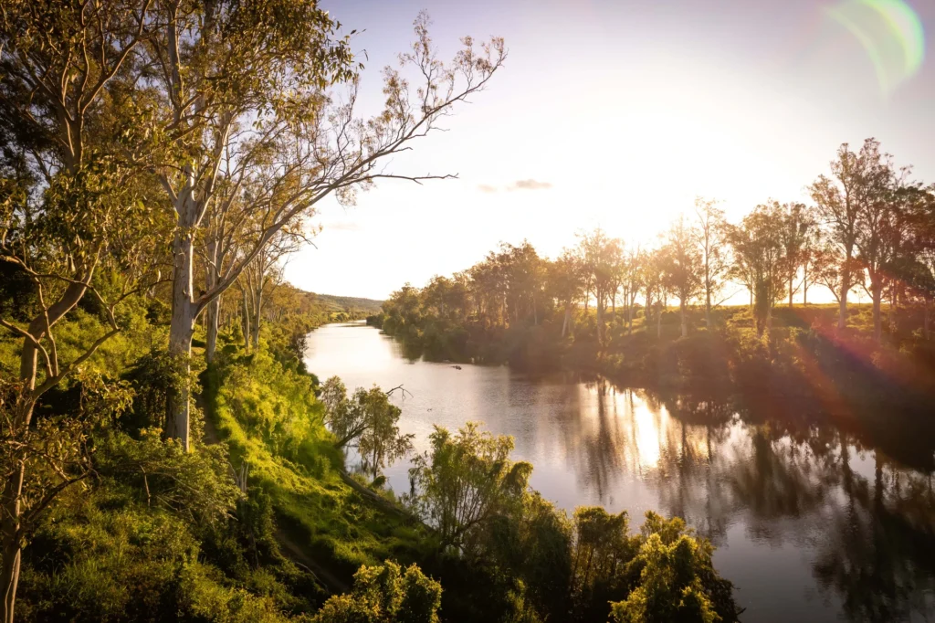 A river flowing through a green, tree-lined landscape at sunrise, with the sun casting bright light and lens flare effects.