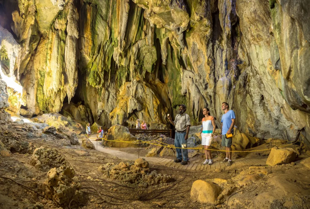 People explore the interior of a large cave, with stalactites hanging from the ceiling and rugged terrain below. Some are standing on a wooden walkway while others are on a path in the background.