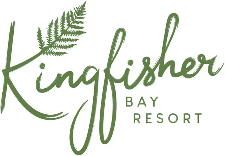 Logo of Kingfisher Bay Resort in green cursive text, with a fern leaf integrated into the first letter 