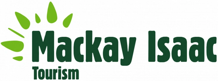 Logo for Mackay Isaac Tourism featuring green stylized text with a sunburst graphic on the left.