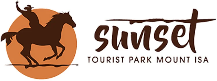 Logo of Sunset Tourist Park Mount Isa, featuring a cowboy riding a horse against an orange sun backdrop, with the text 