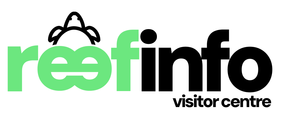 Logo of the Reef Info Visitor Centre, featuring a blue and green design with the text 