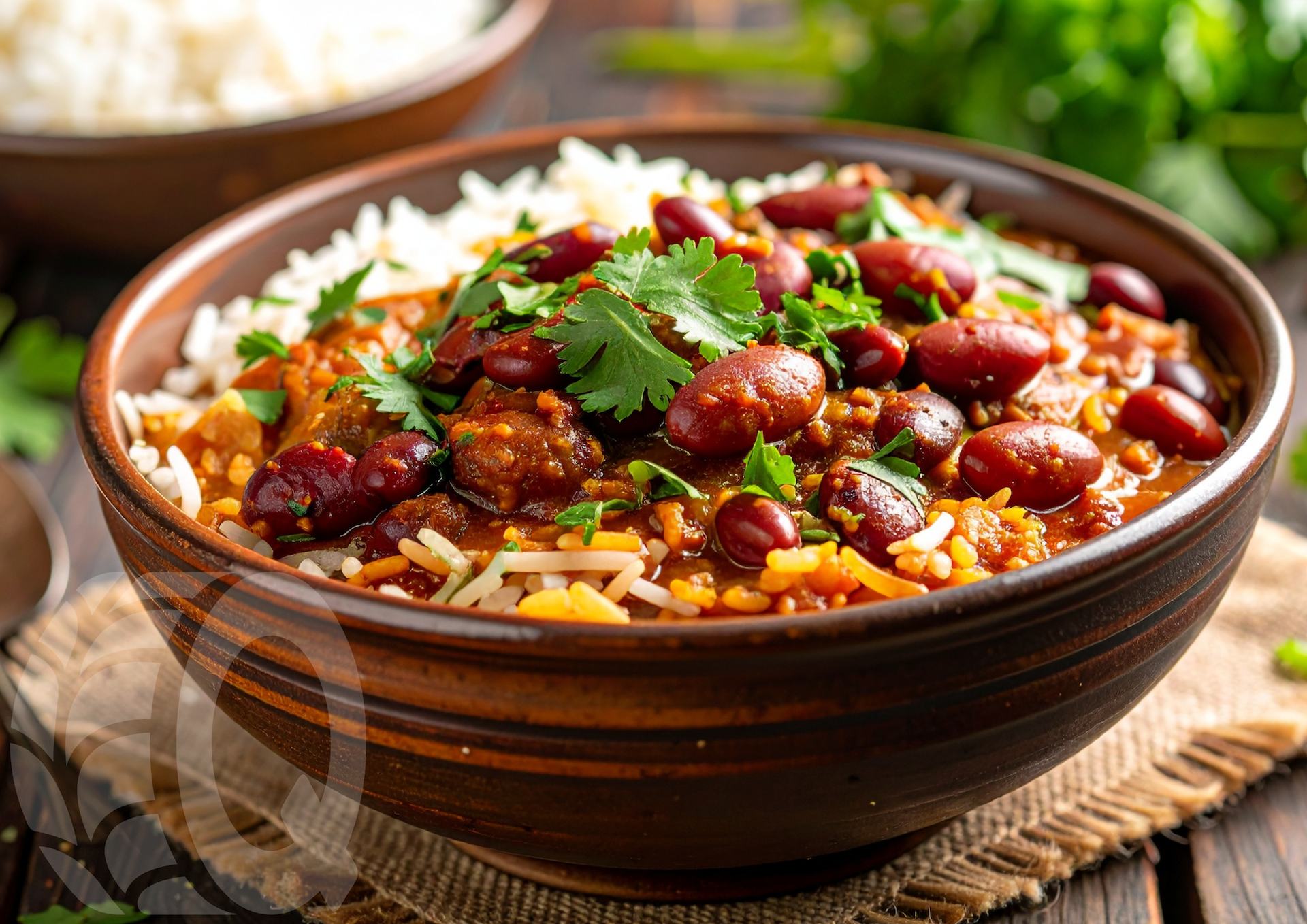 A bowl of rice topped with kidney bean curry, garnished with fresh cilantro, sits on a rustic table.