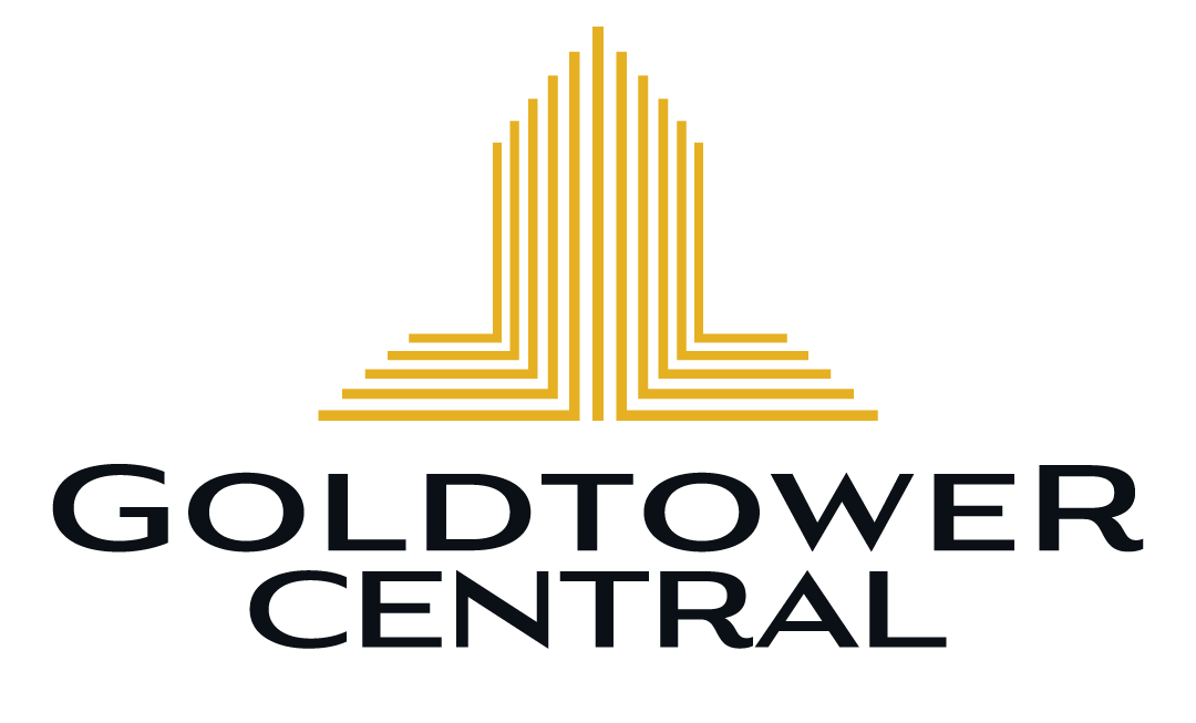 Logo for Goldtower Central featuring stylized gold lines forming a tower shape above the text 