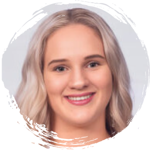 A young woman with long, light blonde hair and a friendly smile, posing against a light background with a circular white border effect.