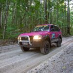 A pink SUV with roof racks drives on a sandy, forested off-road trail surrounded by tall trees and dense greenery.