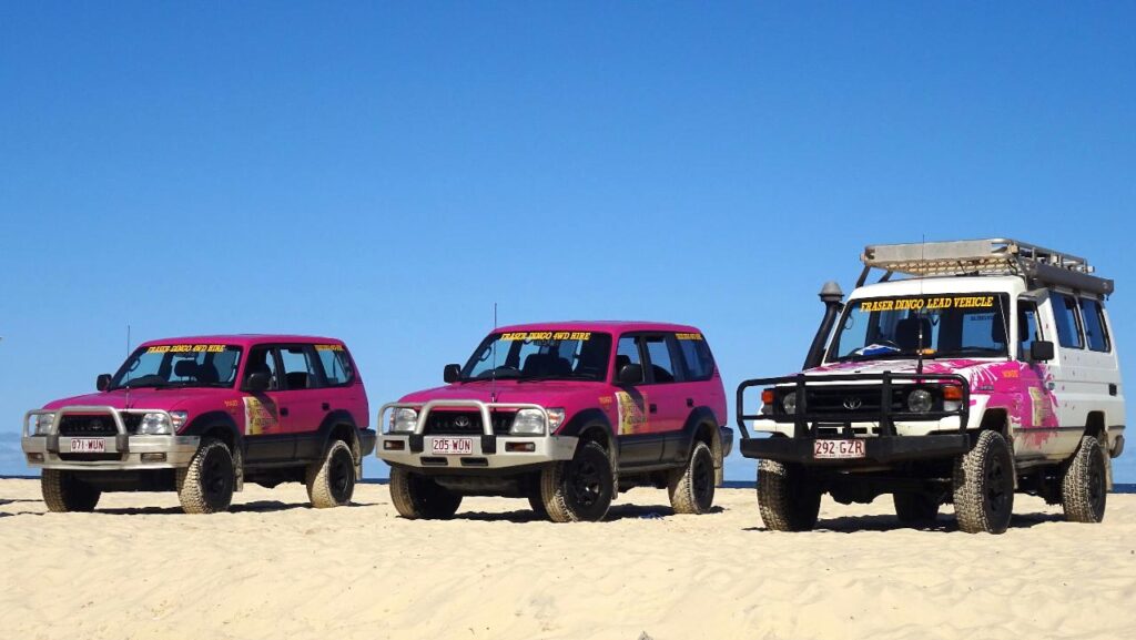 Three off-road vehicles, two pink and one white with a roof rack, are parked on a sandy beach under a clear blue sky.