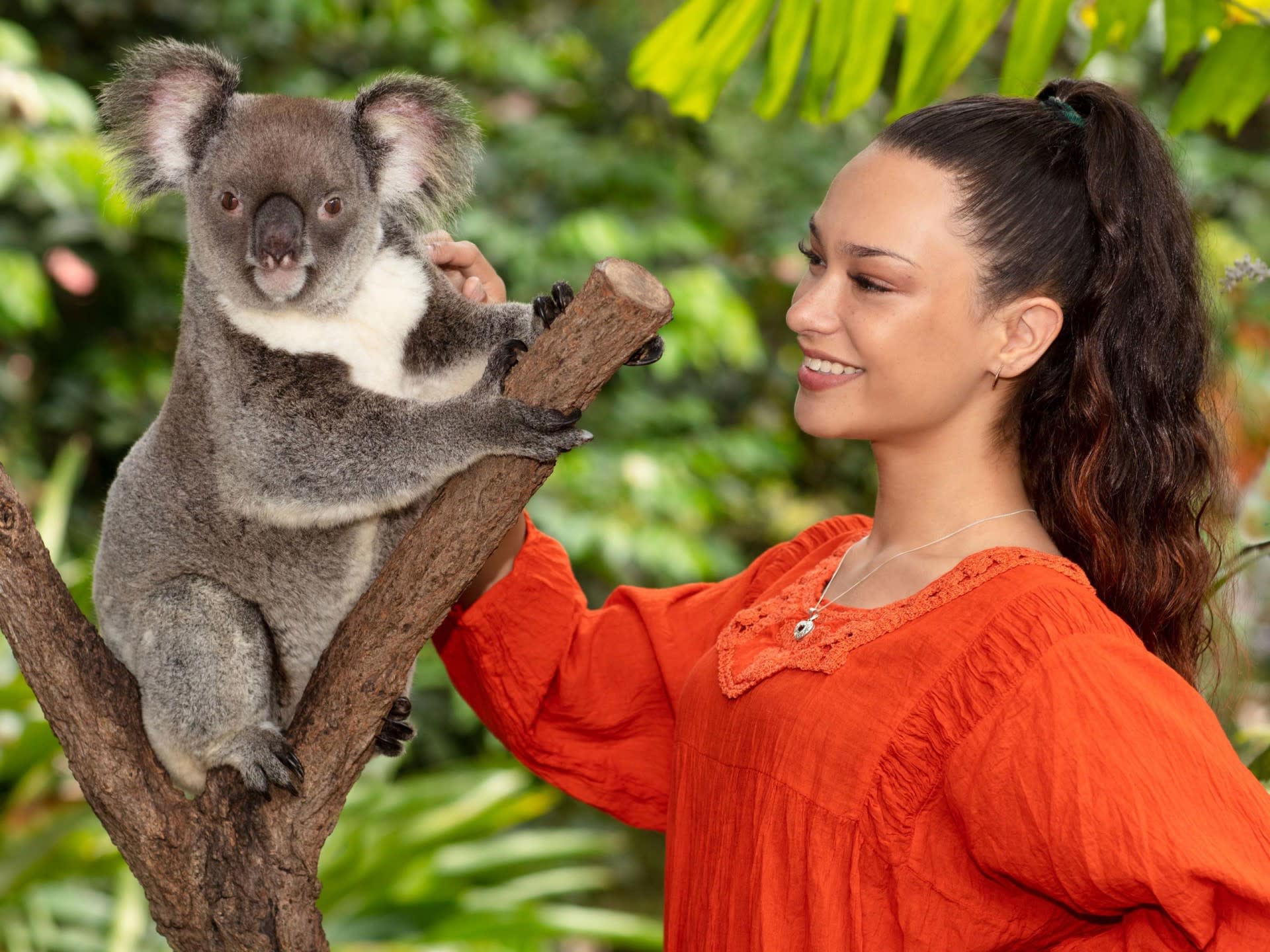 A woman in an orange top stands next to a koala perched on a tree branch, both set against a lush, green natural background.
