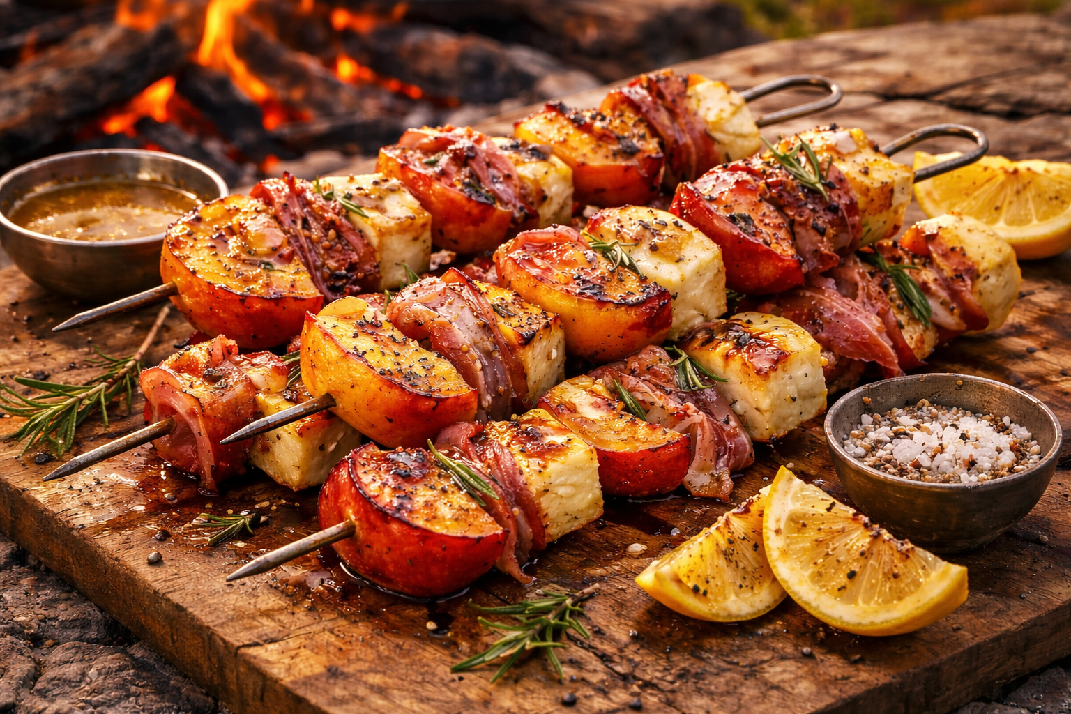 Three metal skewers with grilled halloumi, peaches, and prosciutto are served on a wooden board with lemon wedges, salt, herbs, and dipping sauce, with a fire in the background.