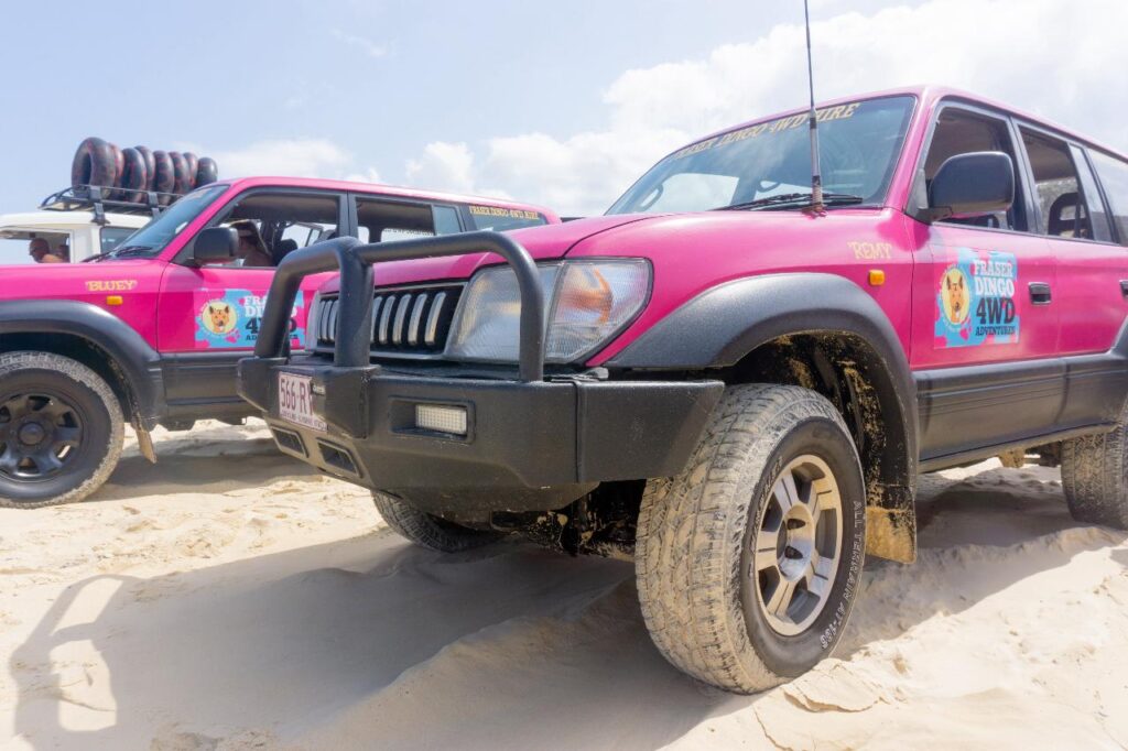 Two pink four-wheel-drive vehicles with roof racks and promotional decals parked on sandy terrain under a partly cloudy sky.