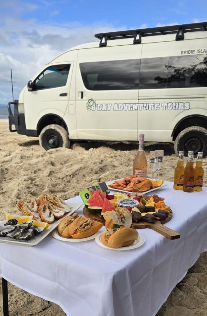 A table with seafood, sandwiches, fruit, drinks, and wine is set up on sand in front of a white "Day Adventure Tours" van parked on a beach under a partly cloudy sky.