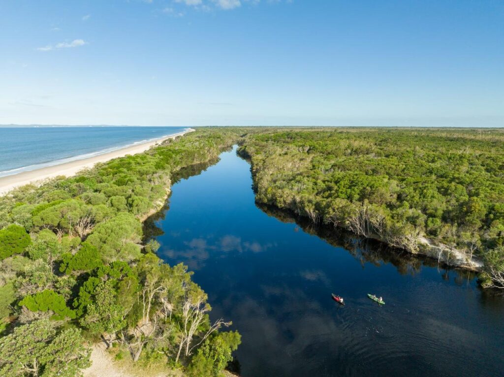 Aerial view of a river bordered by dense green forest, with two kayaks on the water and a sandy beach along the shoreline under a clear blue sky.