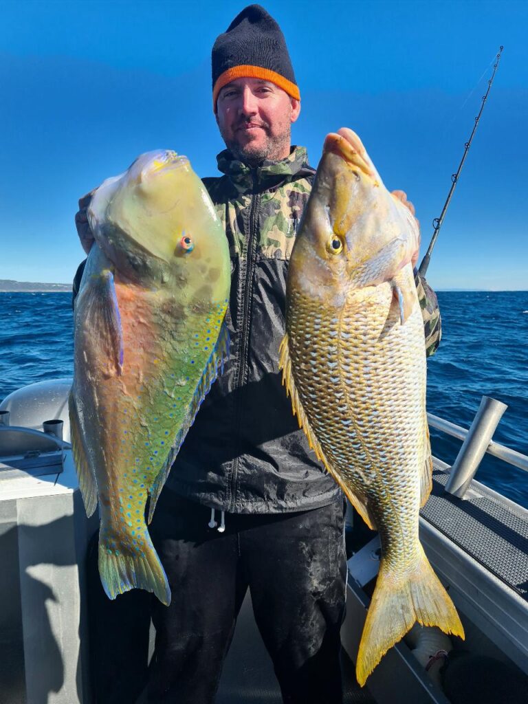 Person standing on a boat holding two large, colorful fish, one in each hand, against a backdrop of blue ocean and sky.