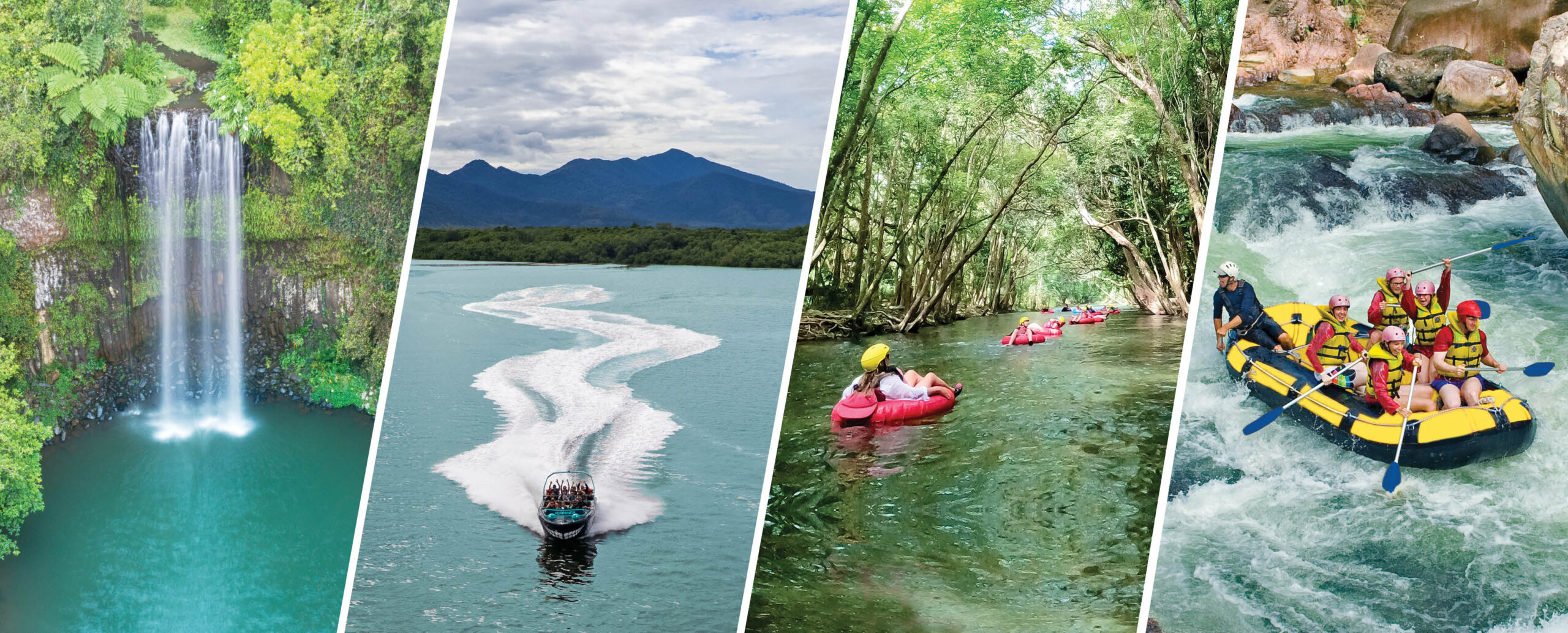 Four images show a waterfall, a speedboat on a river, people kayaking on a calm stream, and a group white-water rafting in a rapid.