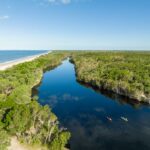 Aerial view of a river bordered by dense green forest, with two kayaks on the water and a sandy beach along the coastline under a clear sky.