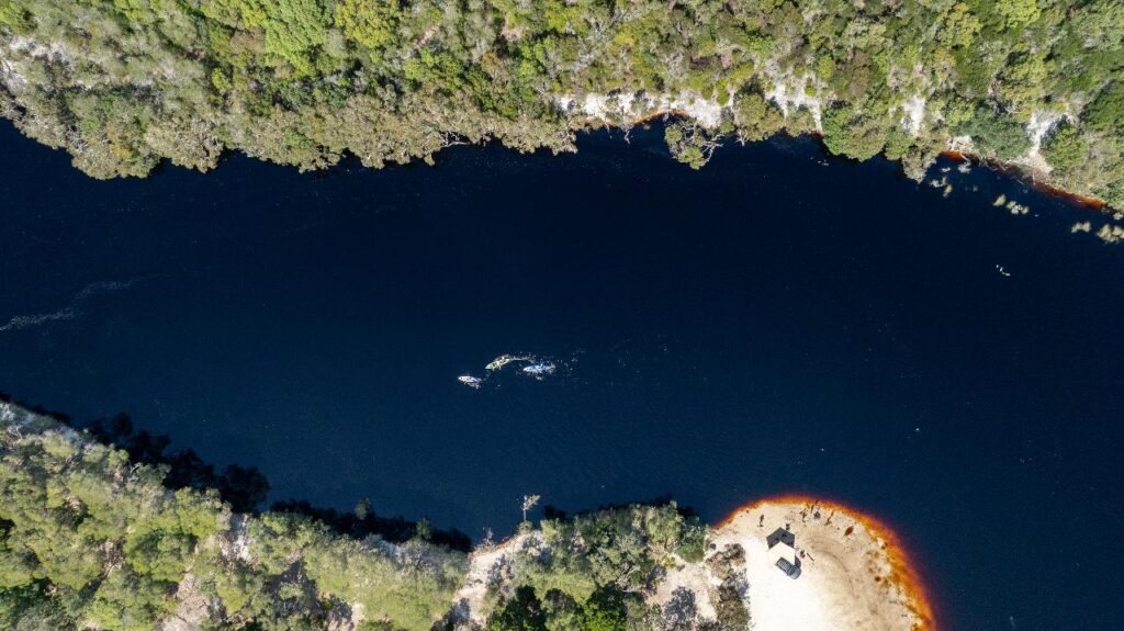 Aerial view of a dark blue river bordered by dense green trees, with a small sandy beach and a building near the lower right edge.