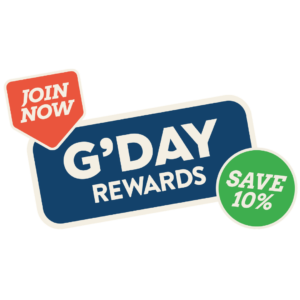 A graphic with text: "Join Now" in orange, "G'Day Rewards" in white on blue, and "Save 10%" in green.