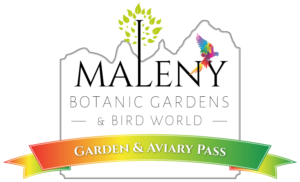 Maleny Botanic Gardens & Bird World logo with mountain outline, tree, colorful parrot, and a rainbow banner reading "Garden & Aviary Pass.