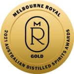 Gold medal badge for the 2021 Australian Distilled Spirits Awards by Melbourne Royal, featuring the event logo in the center.