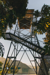 A tall metal observation tower with stairs, surrounded by trees, stands against a clear sky with mountains visible in the background.