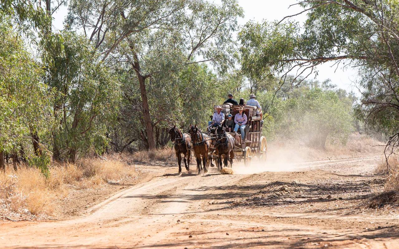 A horse-drawn carriage with several people rides along a dusty dirt road surrounded by trees and dry grass.