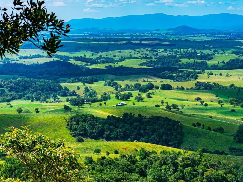 Wide view of rolling green hills and scattered trees under a blue sky with distant mountains. A small building is visible among the fields.