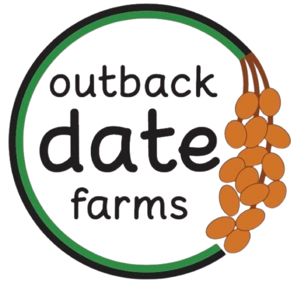 Logo for Outback Date Farms featuring the company name inside a green and black circle with a cluster of orange dates on the right side.