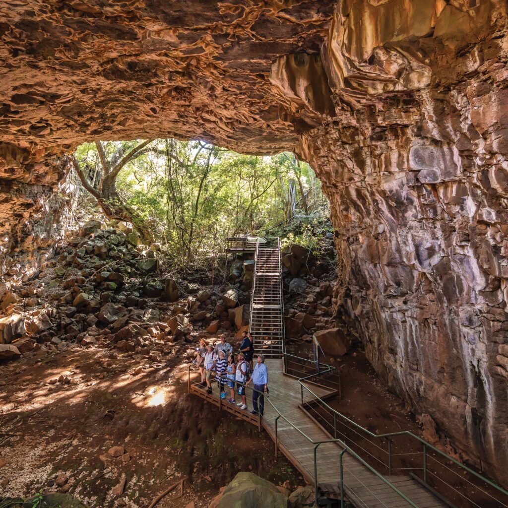 A group of people stand on a wooden walkway inside a large cave with natural light and greenery visible at the entrance.