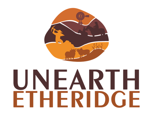 Logo with stylized earth layers showing a windmill, horse rider, person with pickaxe, cattle, and fence above the words 