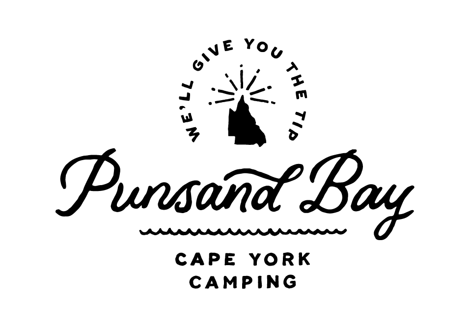Black and white logo for Punsand Bay Cape York Camping, featuring an outline of Queensland with a starburst and the phrase 