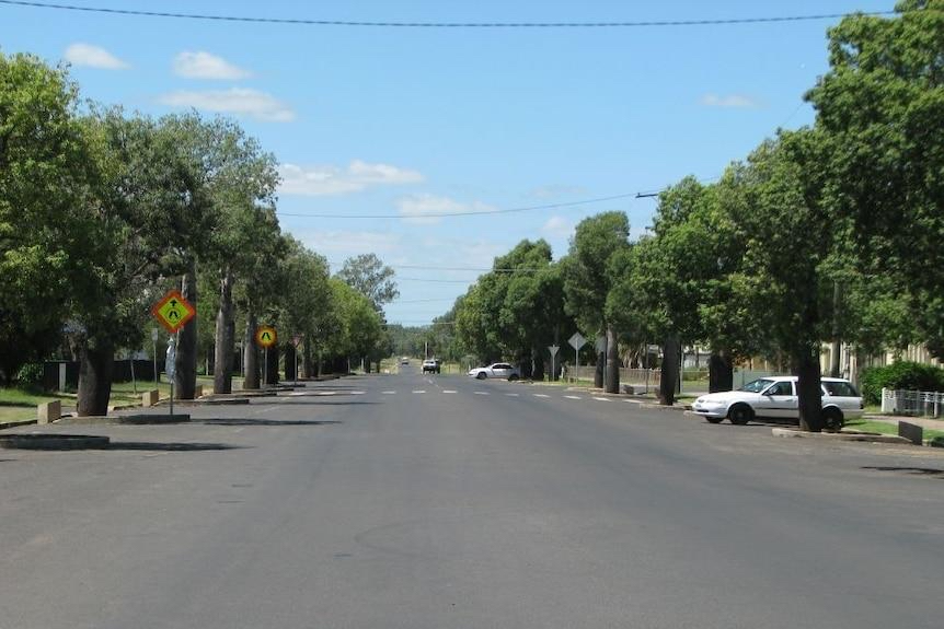 A wide, empty street lined with trees and parked cars on both sides under a clear blue sky with some clouds. Road signs are visible along the sidewalk.