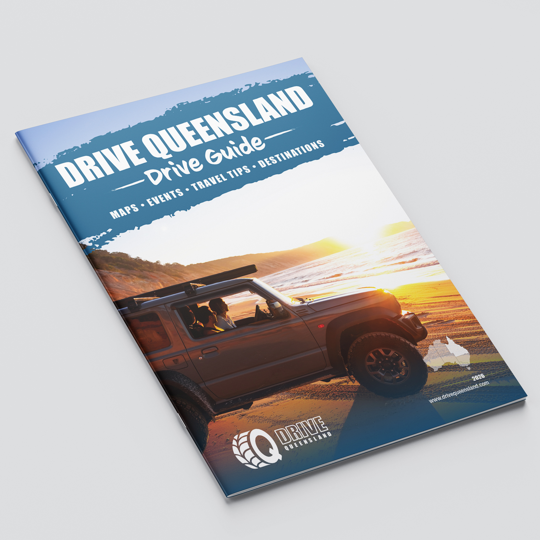 A travel guide titled "Drive Queensland Drive Guide" featuring a 4WD vehicle on a beach at sunset, with text promoting maps, events, travel tips, and destinations.