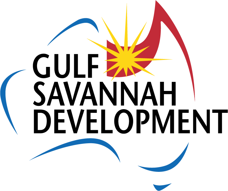 Gulf Savannah Development logo with stylized blue lines, a red shape, and a yellow sunburst above bold black text.